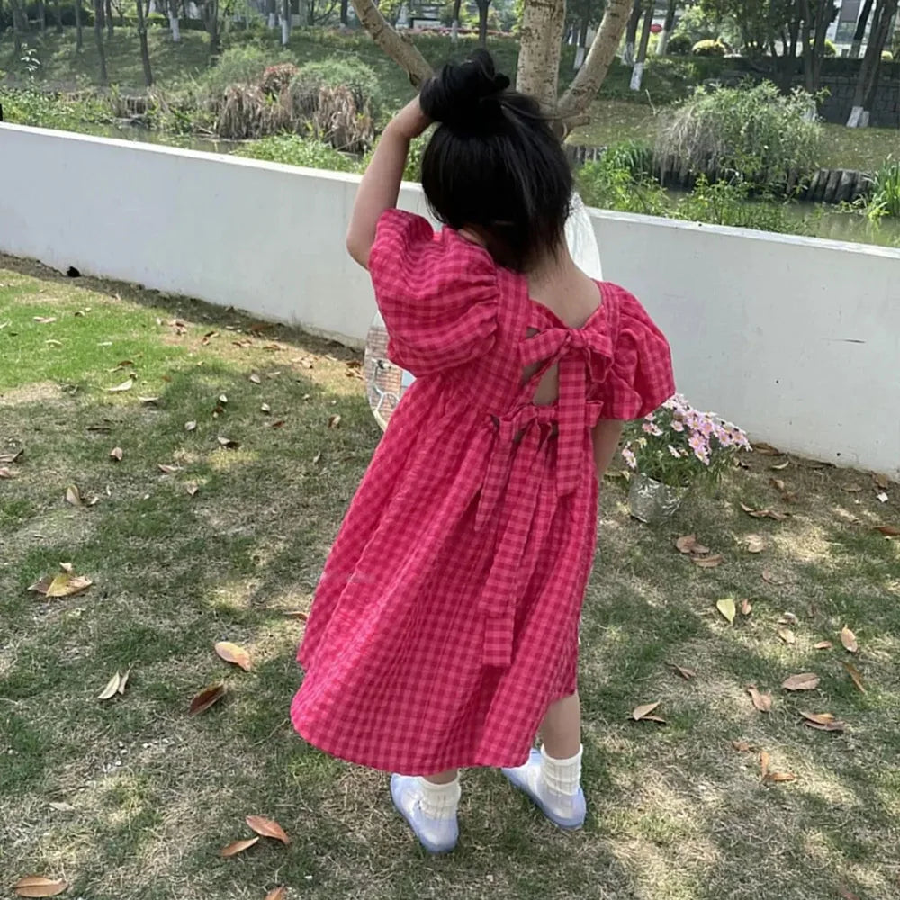 Rose Pink Plaid Bow Dress