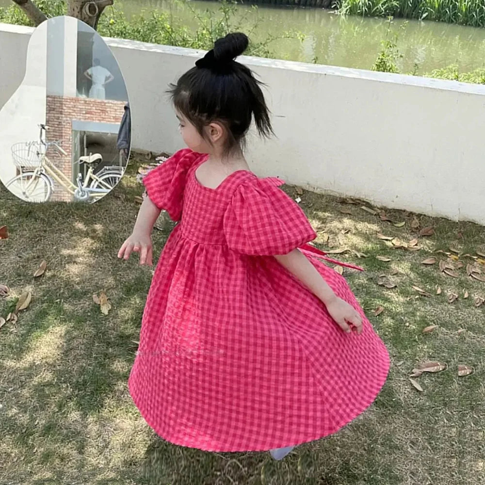 Rose Pink Plaid Bow Dress