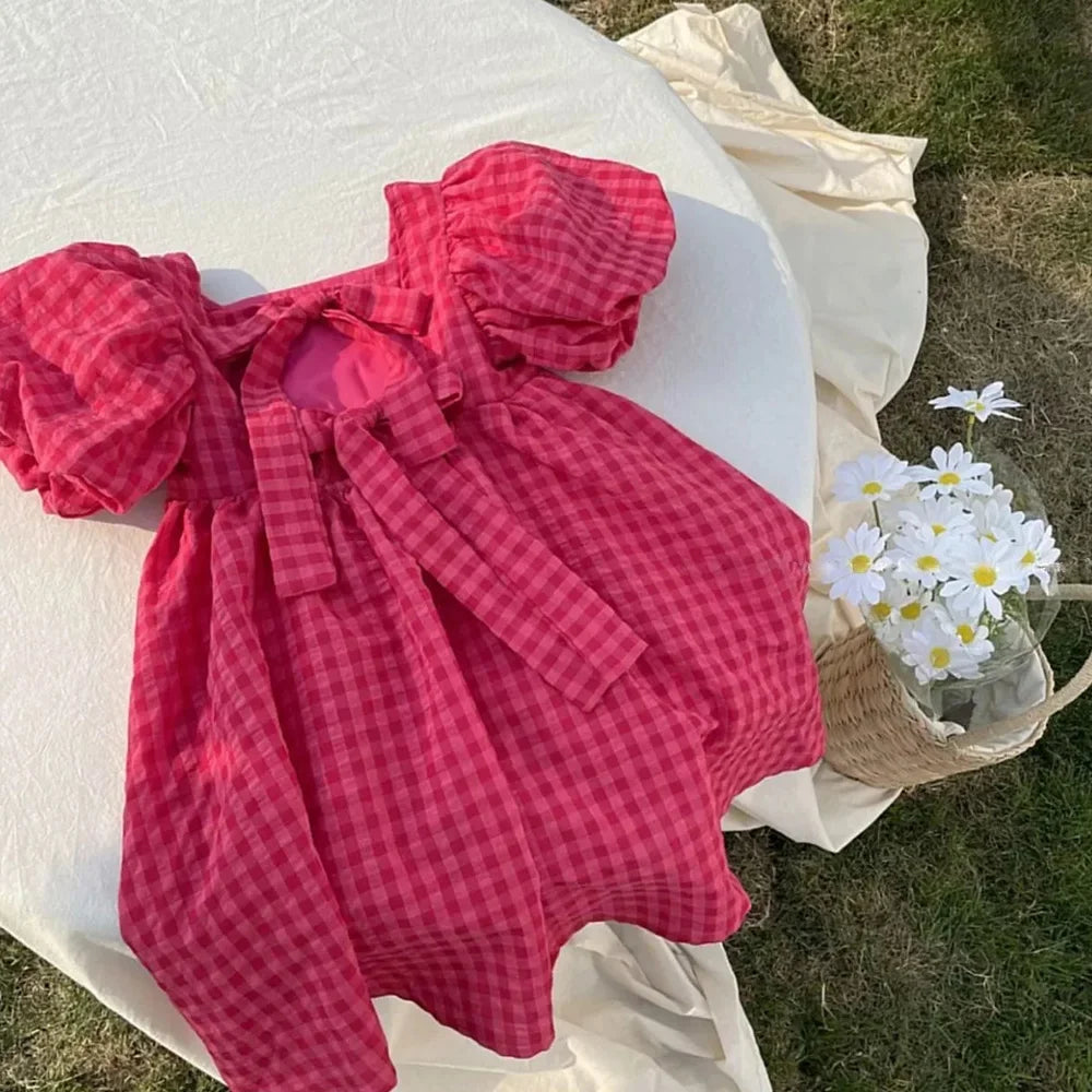 Rose Pink Plaid Bow Dress