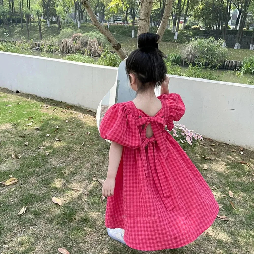 Rose Pink Plaid Bow Dress